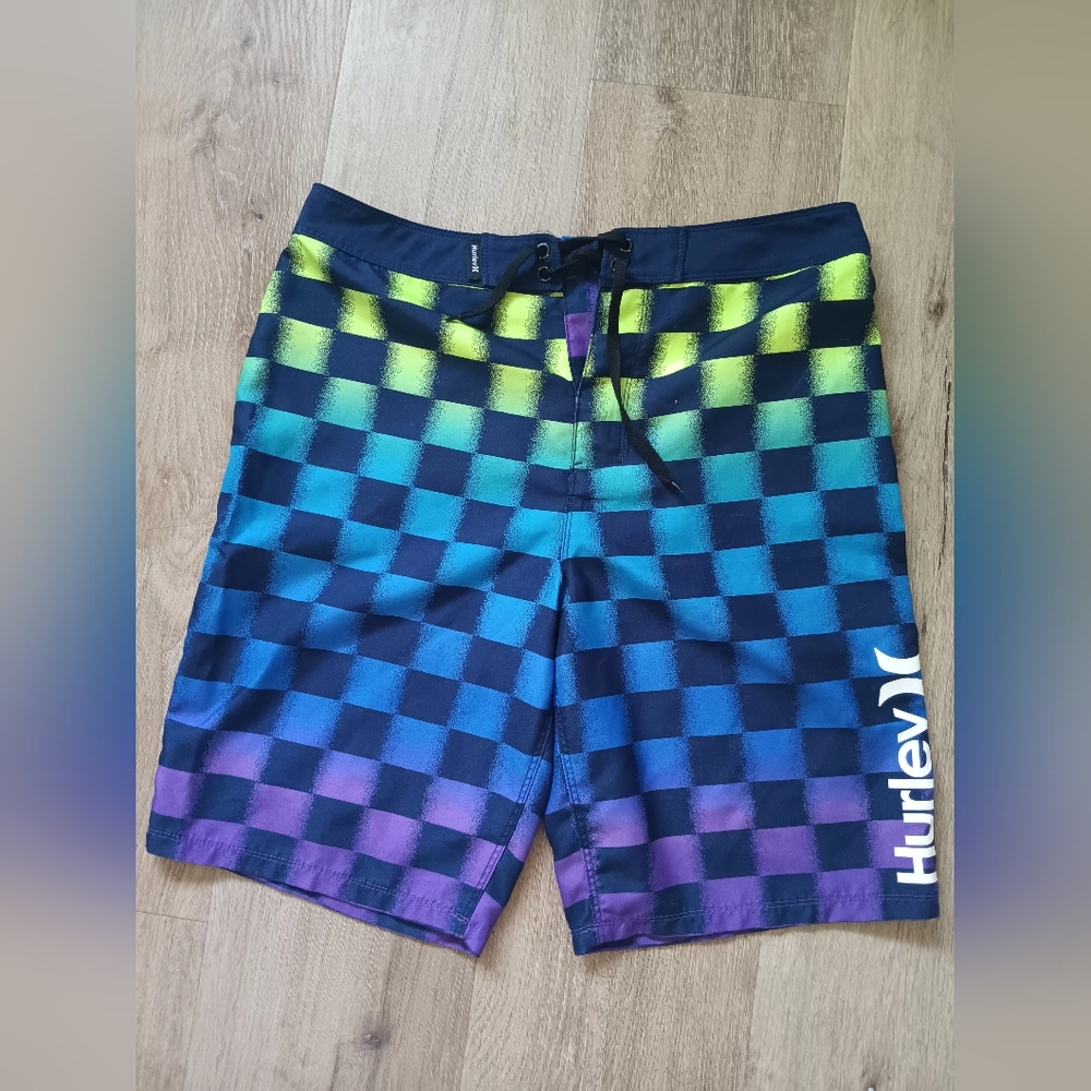 Hurley Men's Multicolor Checkered Board Shorts Sz 16/28 Purple Blue Green Yellow